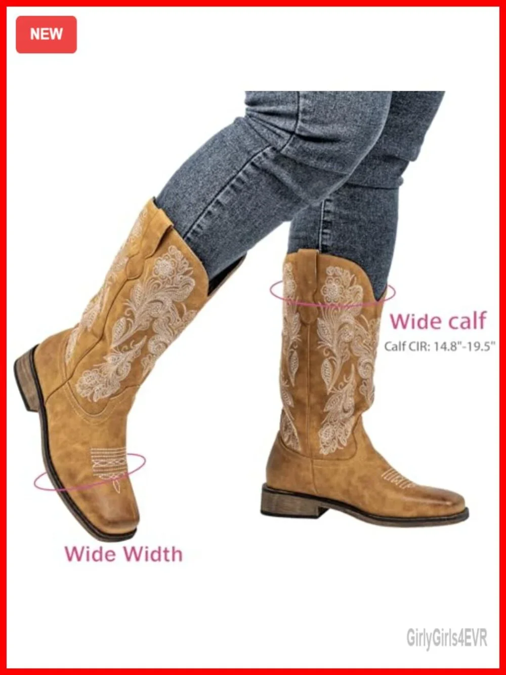 Wide Calf Cowboy Boots Women Square Toe Faux Leather Pull On Western Mid-Calf